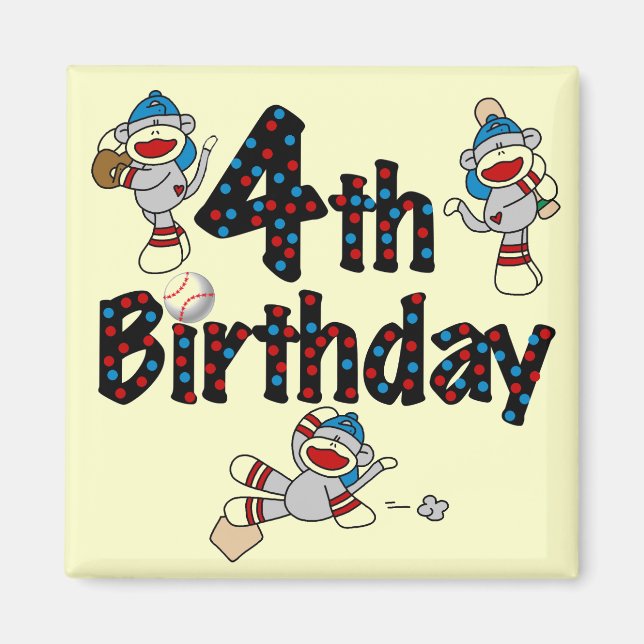 Aimant 4e anniversaire de baseball de singe de soq (Devant)