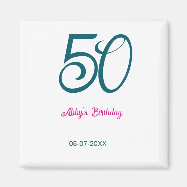 Aimant 50e anniversaire ajouter nom année turquoise rose  (Devant)