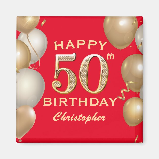 Aimant 50e Anniversaire des Ballons Rouge et Or (Devant)
