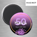 Aimant 50e anniversaire violet noir or enregistrer la dat<br><div class="desc">Aimant glamour pour un 50ème anniversaire avec élégant et moderne noir et rose, dégradé violet, fond sombre. Avec un cadre en faux or, et des fleurs à l'eau couleur violet et violet. Modèles pour nom, âge et date, lettres blanches et violettes. Parfait pour garder ou enregistrer le rappel de date...</div>