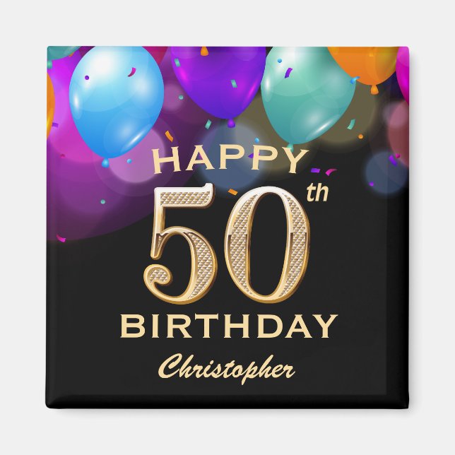 Aimant 50e fête d'anniversaire Ballons noirs et or (Devant)
