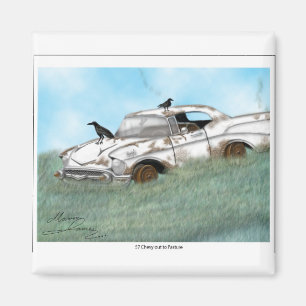 Aimant 57 Chevy dehors au pâturage.