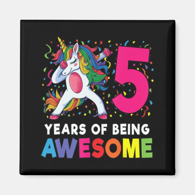 Aimant 5e anniversaire Dabbing Unicorn Party Cadeau 5 ans (Devant)