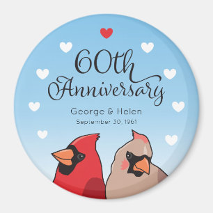 Aimant 60e anniversaire Mariage, cardinal et coeurs