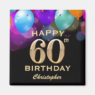 Aimant 60e fête d'anniversaire Ballons noirs et or