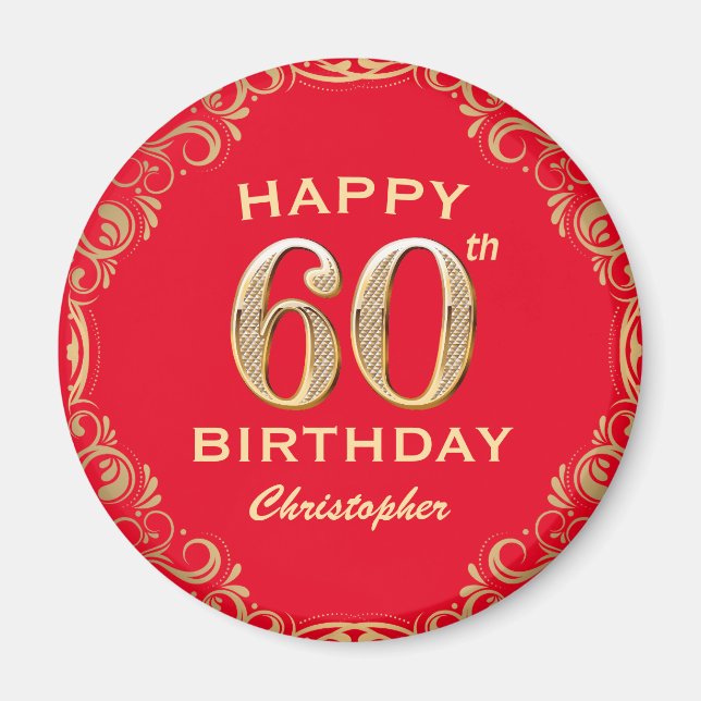Aimant 60th Birthday Party Red and Gold Glitter Frame (Devant)