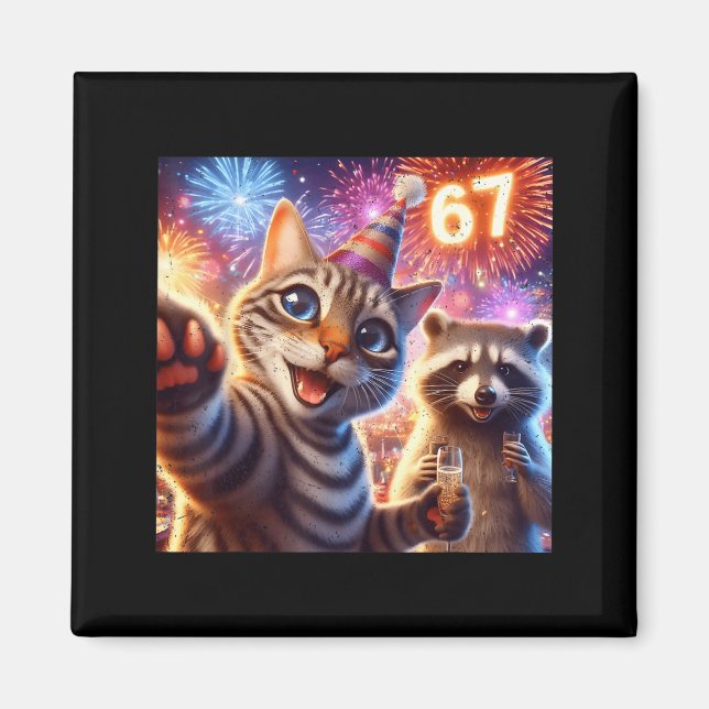 Aimant 67 Meme Cat Raccoon New Year Selfie Funny Birthday (Devant)
