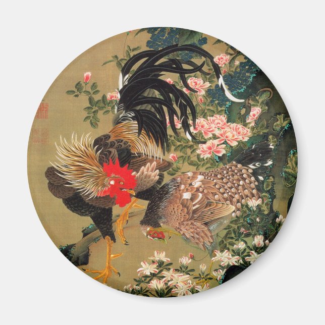 Aimant 6. 紫陽花双鶏図, 若冲 Hydrangea and Rooster, Jakuchū (Devant)