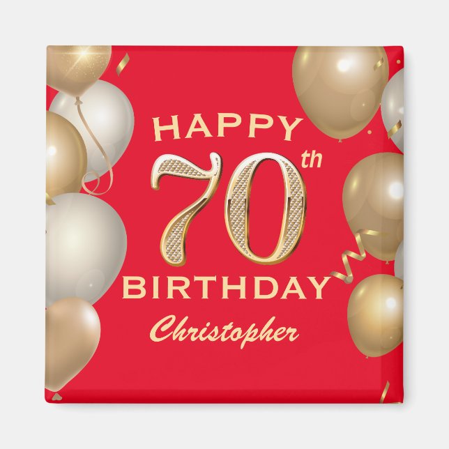 Aimant 70e Anniversaire de Ballons Rouge et Or (Devant)