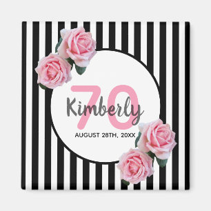 Aimant 70e anniversaire flores roses noir rayures nom