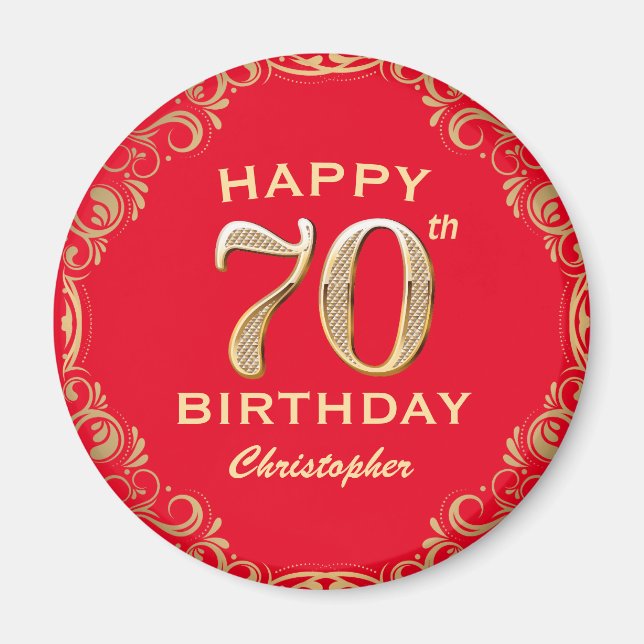 Aimant 70e anniversaire Parties scintillant rouge et or (Devant)