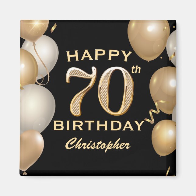 Aimant 70e fête d'anniversaire Ballons noirs et or (Devant)