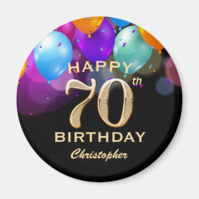 Aimant 70e fête d'anniversaire Ballons noirs et or (Devant)
