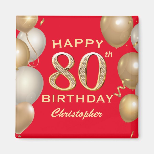 Aimant 80e Anniversaire des Ballons Rouge et Or (Devant)