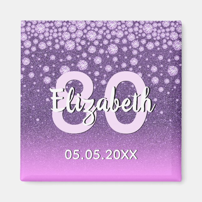 Aimant 80e anniversaire violet rose parties scintillant n (Devant)