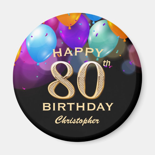 Aimant 80e fête d'anniversaire Ballons noirs et or (Devant)
