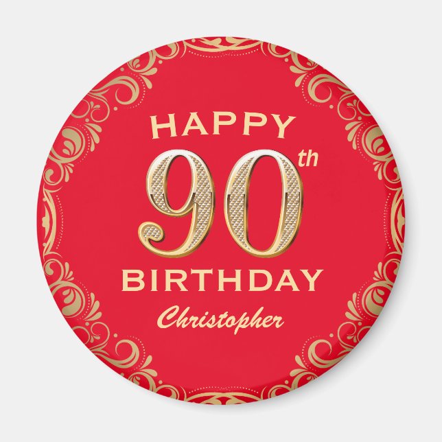 Aimant 90e anniversaire Parties scintillant rouge et or (Devant)