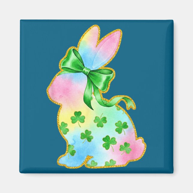 Aimant A Rainbow Rabbit With Green Bow And Shamrock St Pa (Devant)