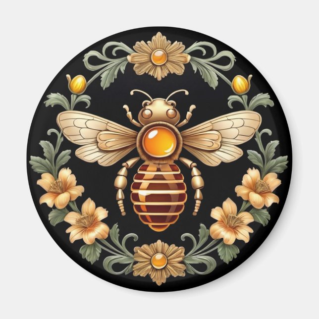 Aimant Abeille Art Nouveau sur fond noir (Devant)