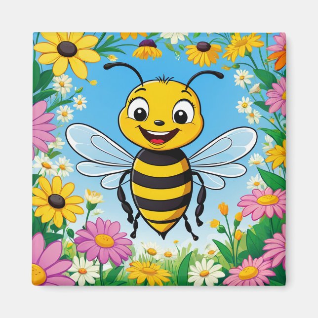 Aimant Abeille de dessin animé fleurs colorées  (Devant)