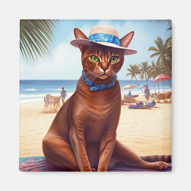 Aimant Abyssinian cat on Beach, cadeau d'été pour amoureu (Devant)