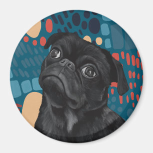 Aimant Adorable assis Carlin noir chien sur bleu Abstrait