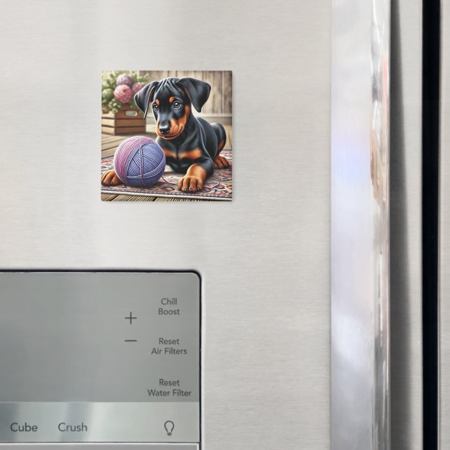 Aimant Adorable Chiot noir et tan avec balle en fils (In situ (réfrigérateur))