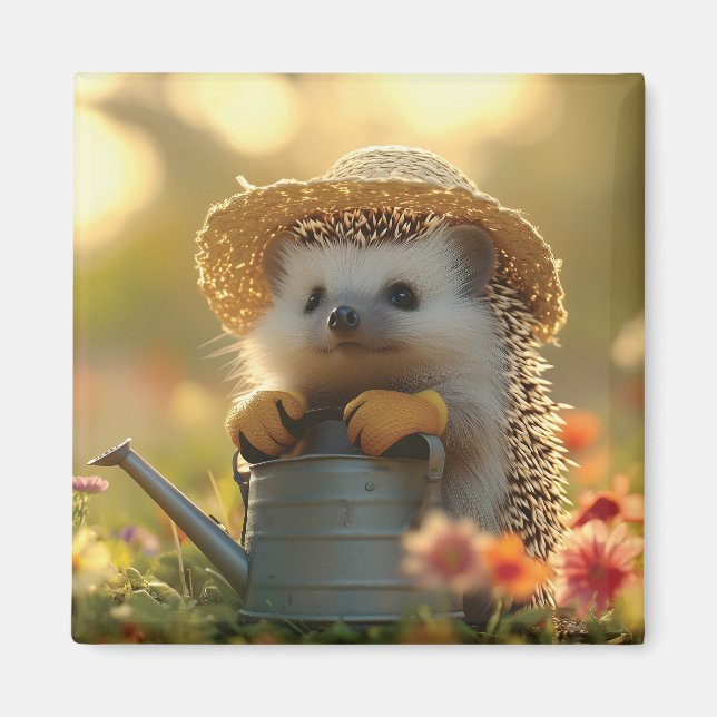 Aimant Adorable jardinier de hérisson dans un champ de fl (Devant)