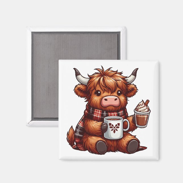 Aimant Adorable Vache Highland Profitant De Boissons Conf (Recto/Verso)