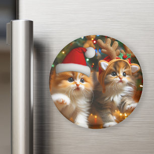 Aimant Adorables chatons avec le Père Noël et chapeaux de