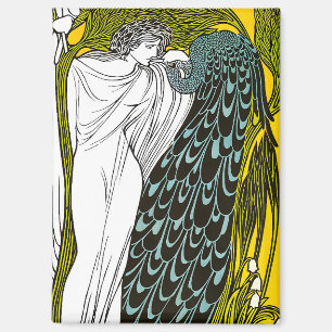 Aimant Affiche Art nouveau femme et paon antique