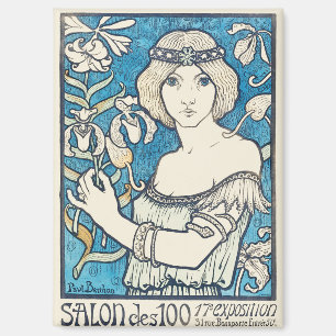 Aimant Affiche d'art vintage femme florale bleue Art Nouv