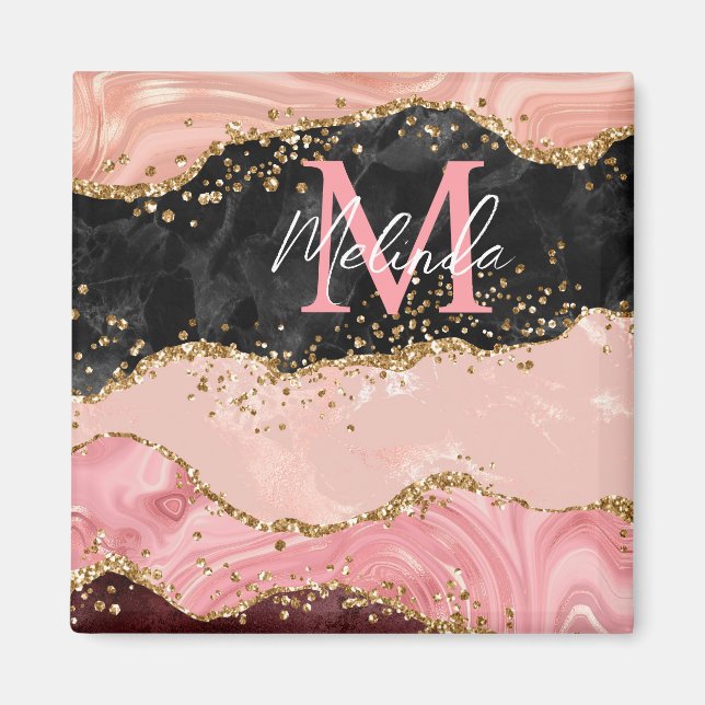 Aimant Agate Sequins Noir et Rose (Devant)