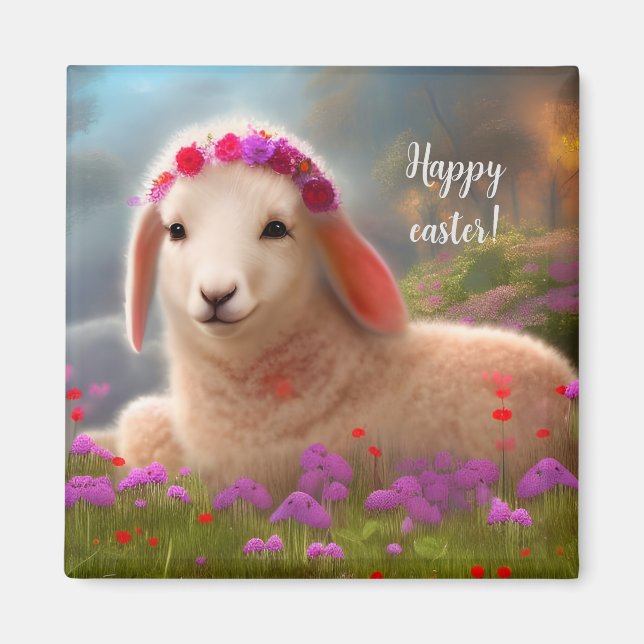 Aimant Agneau de Pâques mignon avec fleurs - Pâques (Devant)