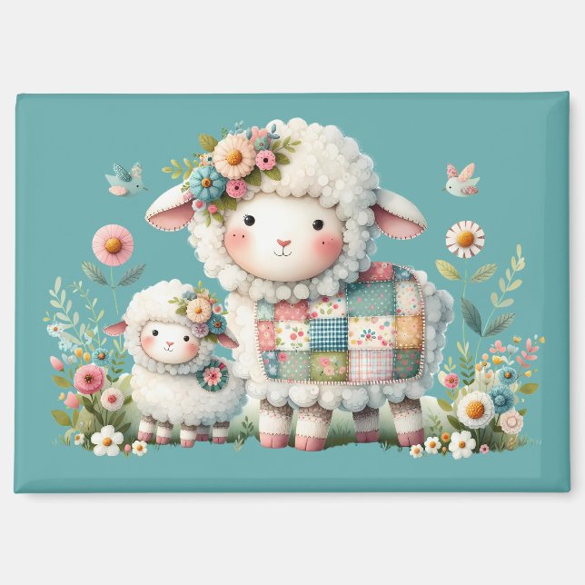 Aimant Agneaux mignons aux accents floraux et patchwork (Recto)