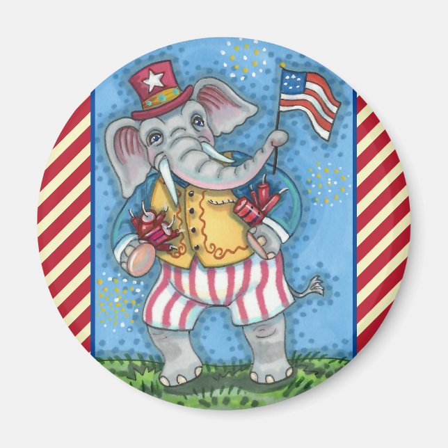 AIMANT AGRÉABLE PATRIOTIQUE ÉLÉPHANT WAVANT DRAPEAU AMÉRI (Devant)