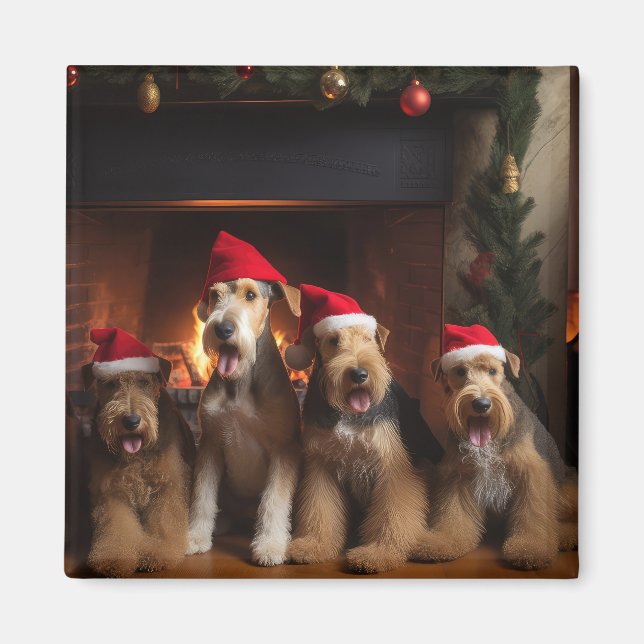 Aimant Airedale au coin du feu Noël  (Devant)