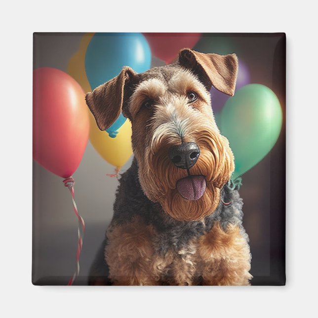 Aimant Airedale chien avec gâteau et ballons (Devant)