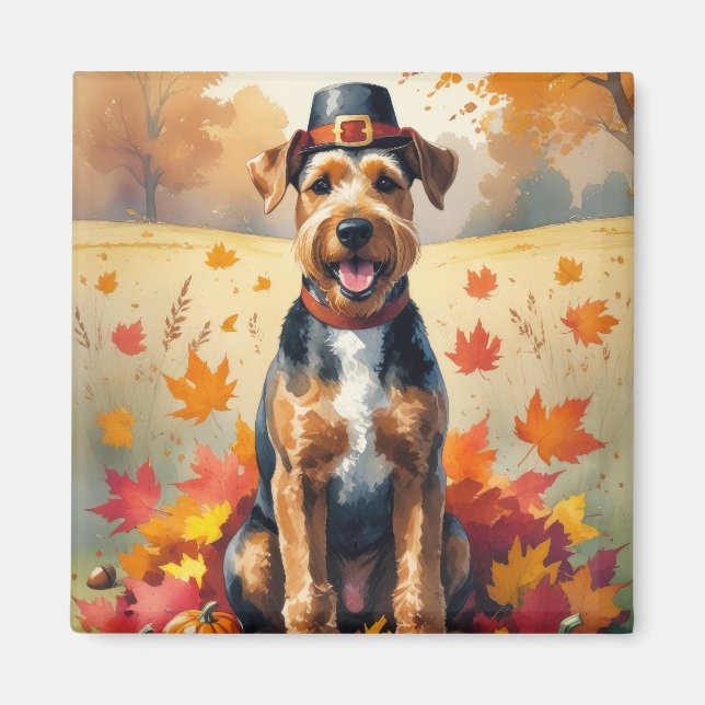 Aimant Airedale dans l'Art de Thanksgiving des feuilles d (Devant)
