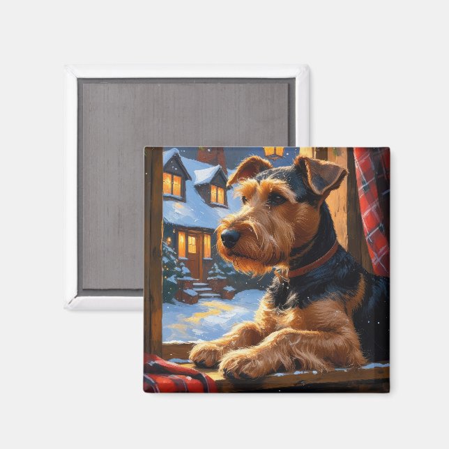 Aimant Airedale Terrier avec lumières de Noël vacances  (Recto/Verso)