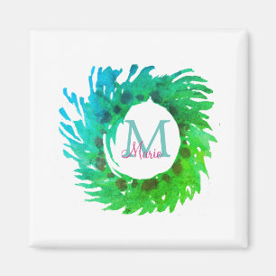 Aimant Ajouter une couronne de Noël vert rose monogramme