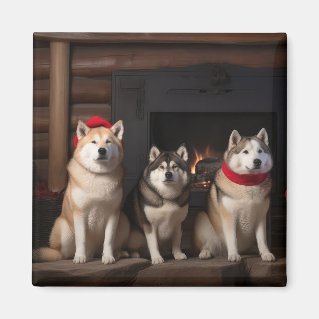 Aimant Akita au coin du feu de Noël (Devant)