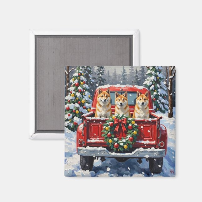 Aimant Akita camion rouge de Noël (Recto/Verso)