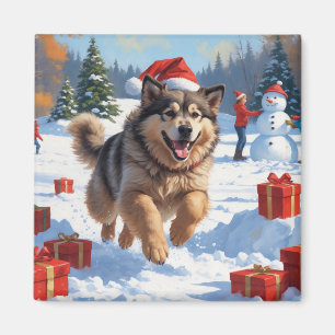 Aimant Alaskan Malamute Noël Festive Scène de neige