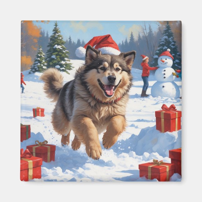 Aimant Alaskan Malamute Noël Festive Scène de neige (Devant)