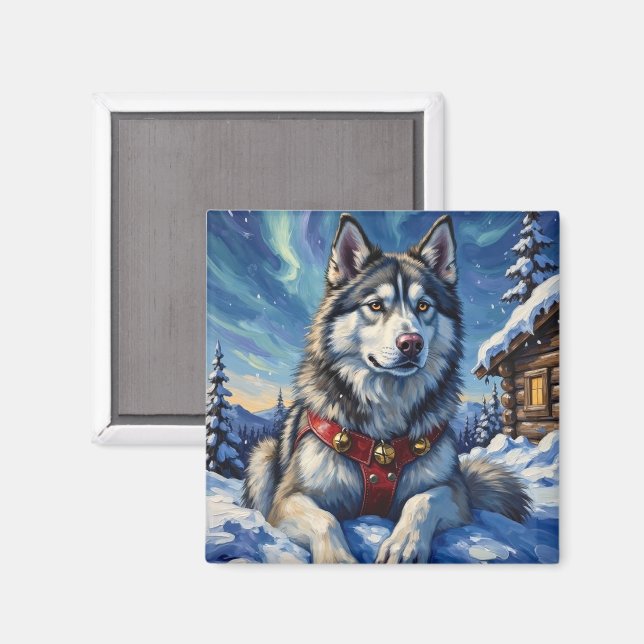 Aimant Alaskan Malamute North Pole Winter Christmas (Recto/Verso)