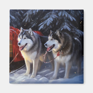 Aimant Alaskien Malamute Snowy Sleigh Ride Noël