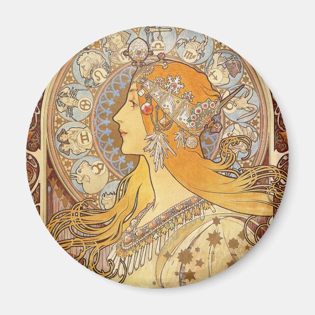 Aimant Alfonse Mucha Zodiac Art nouveau femme (Devant)