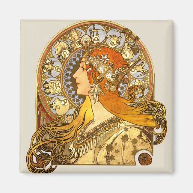 Aimant Alfonse Mucha Zodiac Art nouveau femme (Devant)