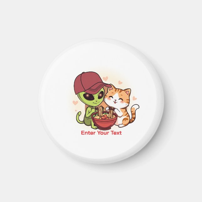 Aimant Alien & Chat Partageant Ramen Kawaii Art (Devant)